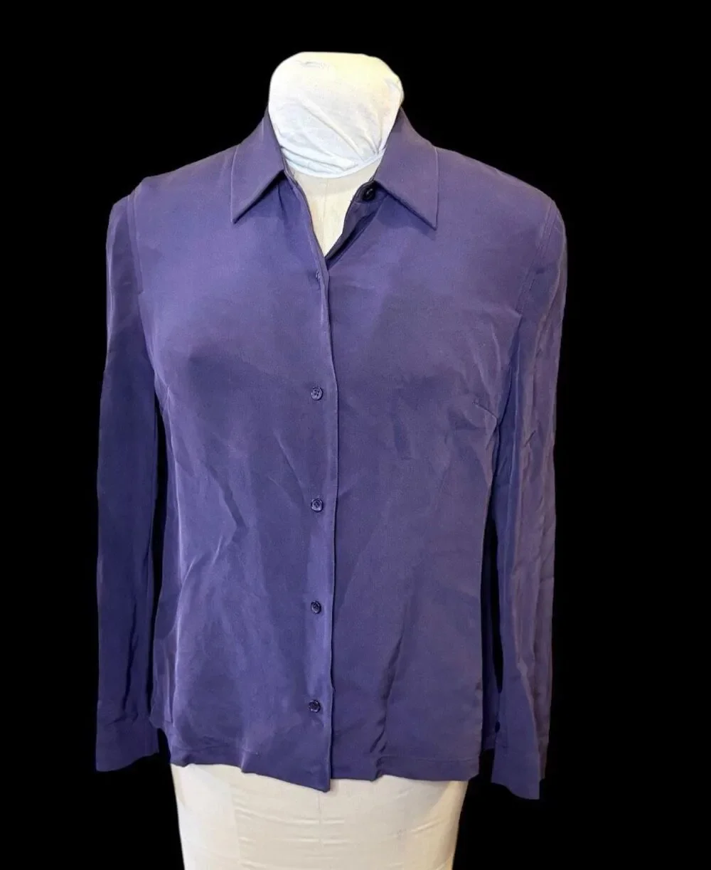 Talbots Pure Silk Blouse Deep Purple Button Front Sz. 8 Old Money Career